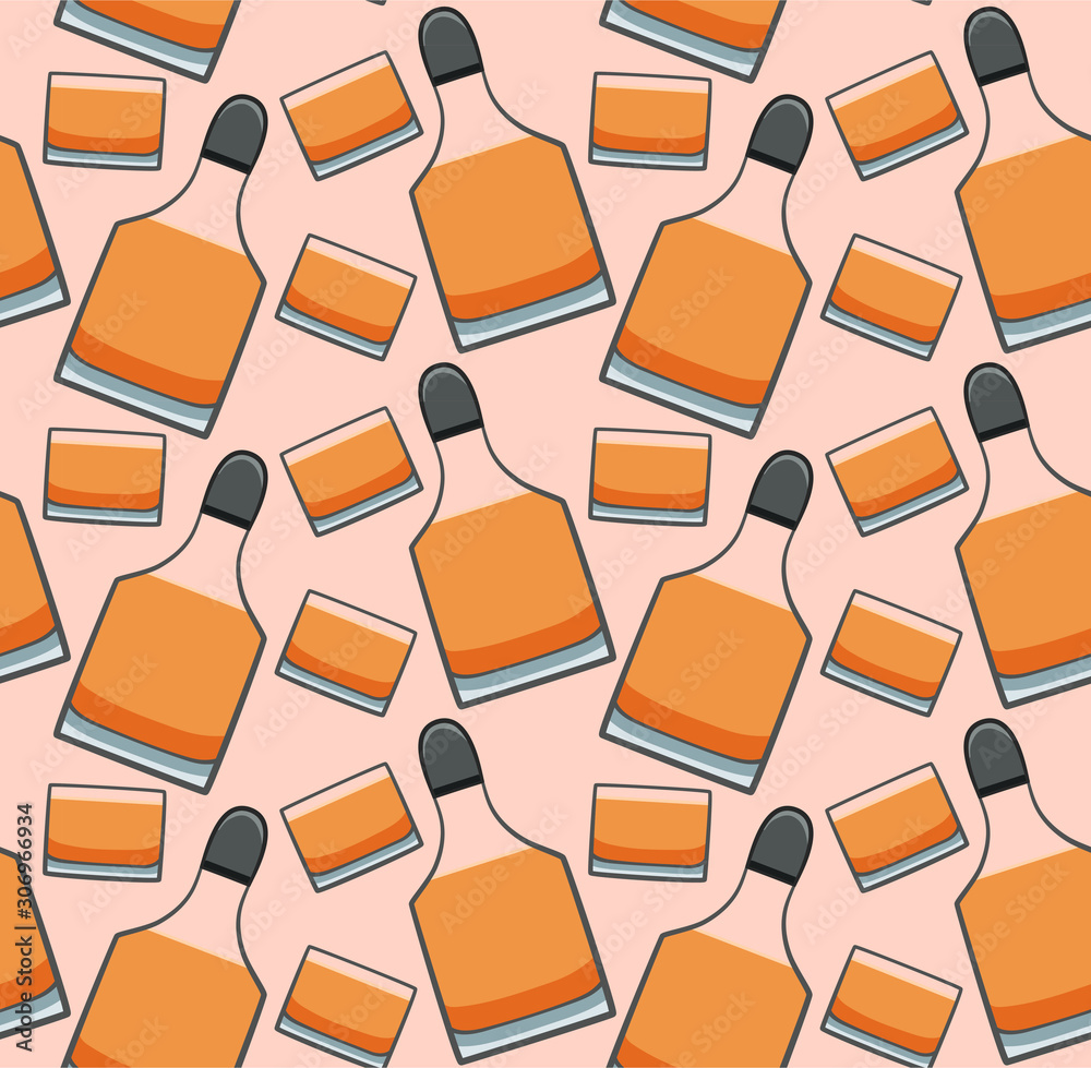 Bottle and glass of whiskey seamless pattern on pink background Bottle and glass of whiskey seamless pattern on pink background