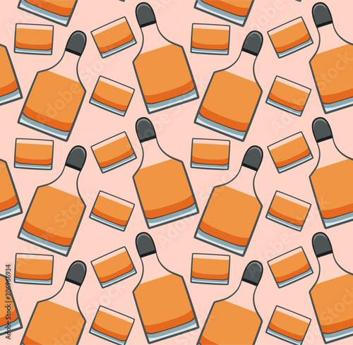 Bottle and glass of whiskey seamless pattern on pink background