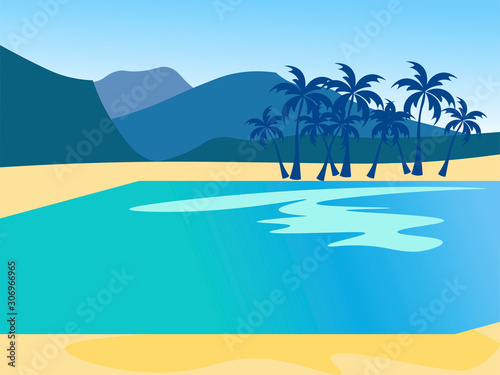 Vacation background  island nature  beach. In minimalist style Cartoon flat raster