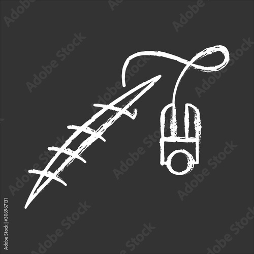 Stitching chalk icon. Suture device. Medical surgical procedure. Wound treatment. First aid. Injury healing. Health care. Clinical help with open cut and gash. Isolated vector chalkboard illustration © bsd studio
