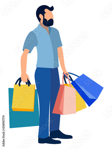 A man carries shopping bags, gifts. In minimalist style Cartoon flat raster © toricheks