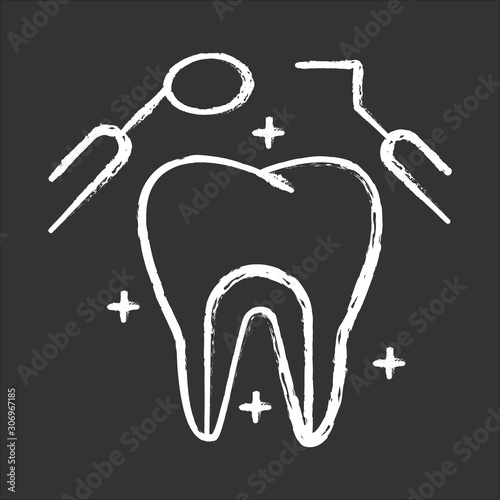 Dental care chalk icon. Medical procedures. Dentistry. Odontology. Tooth examination. Cavity treatment. Caries prevention. Oral healthcare. Toothache checkup. Isolated vector chalkboard illustration