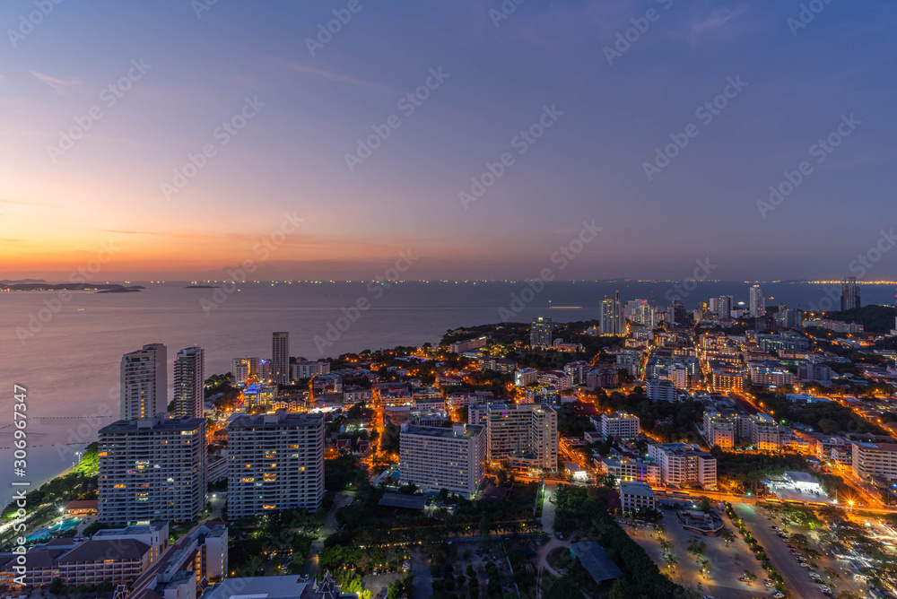 At night, the beach view and Pattaya city building at Pratumnak Viewpoint, Pattaya, Thailand