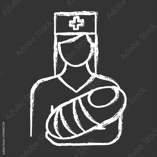 Pediatrics chalk icon. Nurse, baby. Doctor carrying infant. Childcare. Premature newborn help. Physician, doctor. Nonsurgical medical procedures. Healthcare. Isolated vector chalkboard illustration