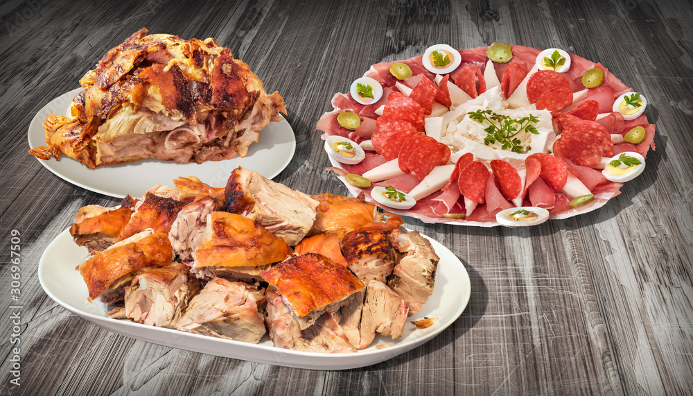 Fresh Spit Roasted Pork Meat and Traditional Garnished Appetizer Savory Dish Set On Old Weathered Pinewood Picnic Table Fresh Spit Roasted Pork Meat and Traditional Garnished Appetizer Savory Dish Set On Old Weathered Pinewood Picnic Table