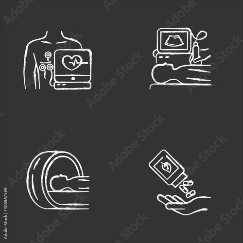 Medical procedure chalk icons set. Electrocardiogram. Ultrasound diagnostics. Tomography. Brain scan for tumor. Homeopathy. Natural pills. Herbal supplement. Isolated vector chalkboard illustrations