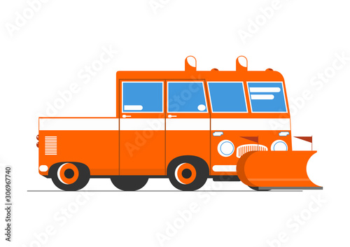 Snow plow. A simplified cartoon snow plow. Side view. Flat vector.