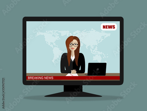 Breaking news - News announcer in the studio - Vector flat design illustration.