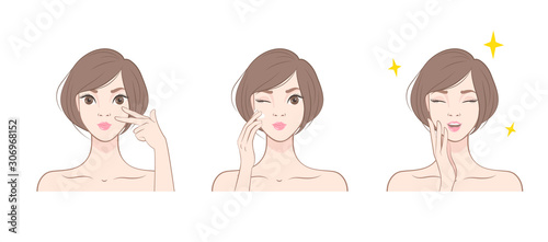 Beautiful Japanese woman with clean fresh skin. Beauty Skin Care. Happy Woman Applying Cosmetic Cream On Clean Face. Vector illustration