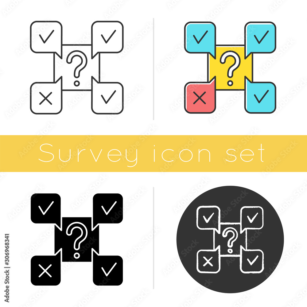 Fototapeta premium Online survey icon. Questions and answers sign. Correct and wrong checkmark. Questionnaire. Chat, communication. Opinion poll. Flat design, linear and color styles. Isolated vector illustrations