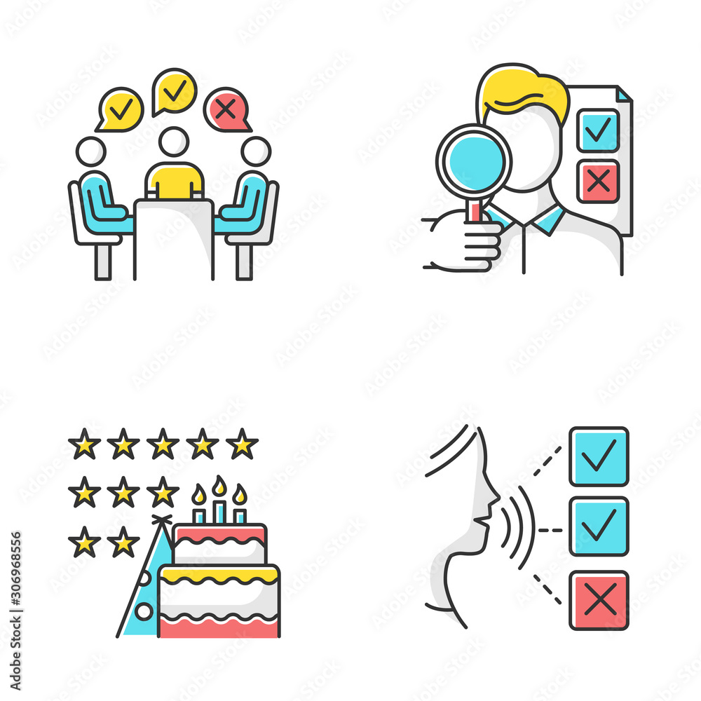 Survey methods color icons set. Group administered questionnaire. High rating. Testimonial. Public opinion. Customer audio review. Event evaluation, expert survey. Isolated vector illustration
