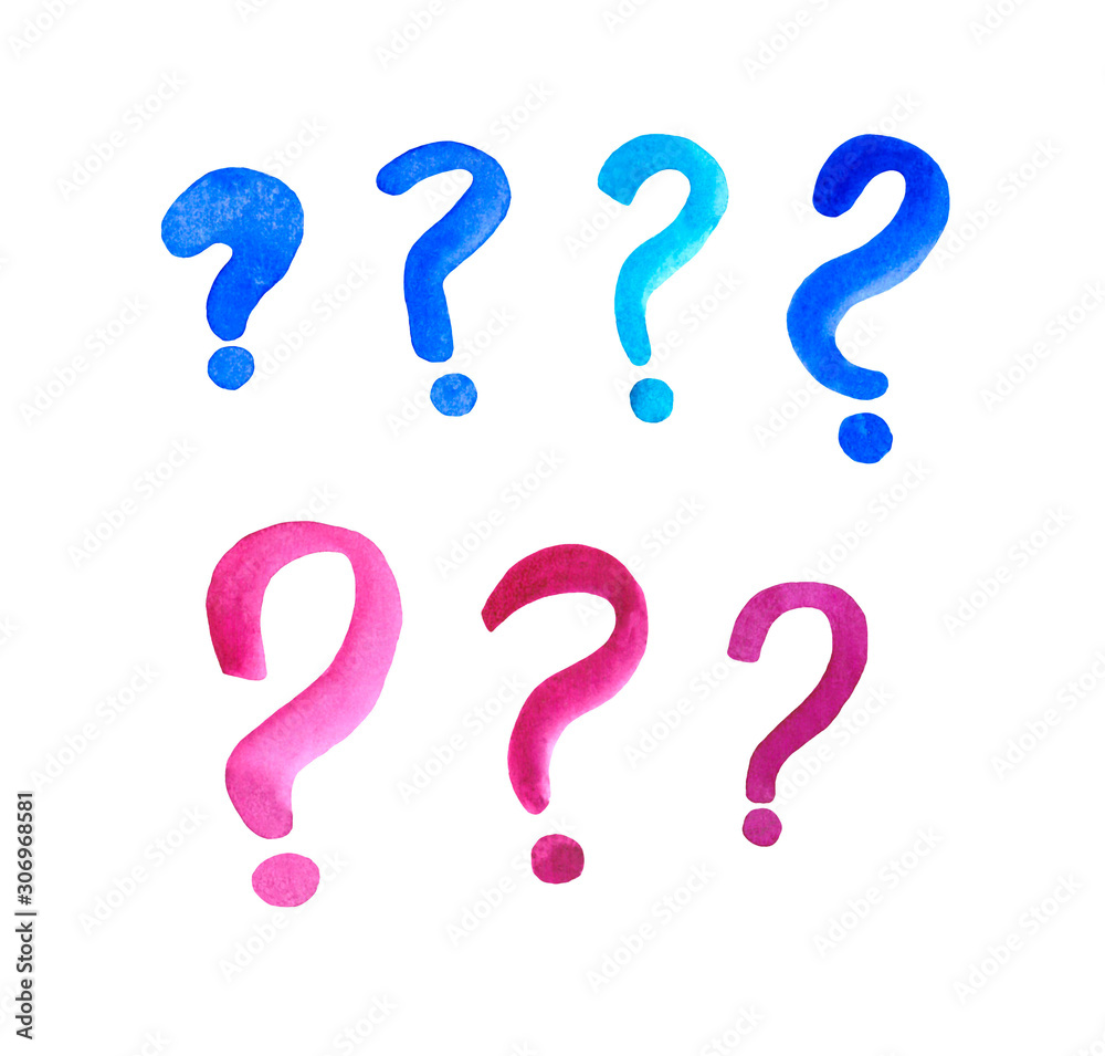A set of question marks, hand-drawn, watercokor. Isolated on white background A set of question marks, hand-drawn, watercokor. Isolated on white background