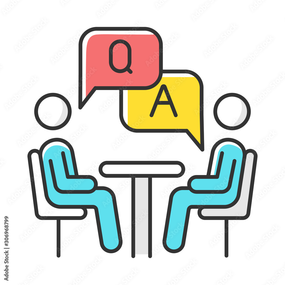 Personal interview survey color icon. Questions and answers poll. Social research. Consumer, customer satisfaction. Feedback. Evaluation. Data collection. Sociology. Isolated vector illustration