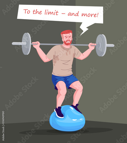 Workout dependence flat vector illustration. Physical training addiction. Unstoppable gym addict exercising, obsessed weightlifter, tireless strongman with weights cartoon character