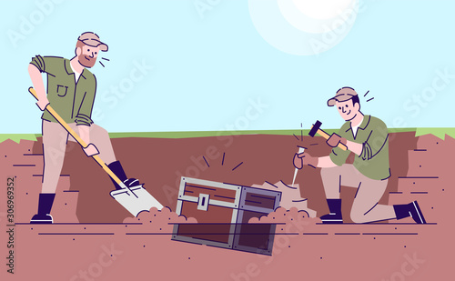 Treasure hunters flat vector illustration. Archeological expedition. Historical researching. Studying mysteries of past. Two caucasian men digging out old chest cartoon characters