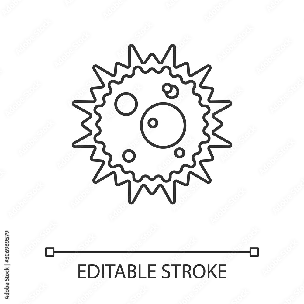 Virus infection linear icon. Influenza microbe. Microbiology. Science. Virus outbreak. Contagious disease. Thin line illustration. Contour symbol. Vector isolated outline drawing. Editable stroke Virus infection linear icon. Influenza microbe. Microbiology. Science. Virus outbreak. Contagious disease. Thin line illustration. Contour symbol. Vector isolated outline drawing. Editable stroke