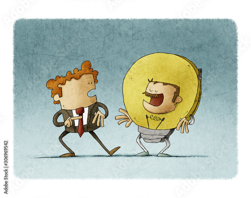 Two businessmen are talking while one of them is wearing a light bulb costume...