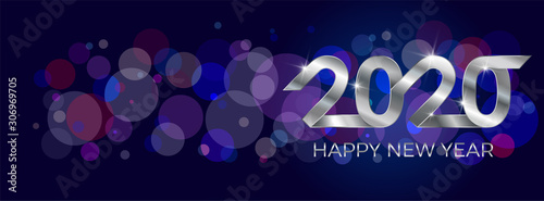 2020, Happy New Year. Banner or invitation, party poster gold glittering stars confetti glitter decoration. Greeting card with silver inscription Happy New Year 2020. Vector Illustration.