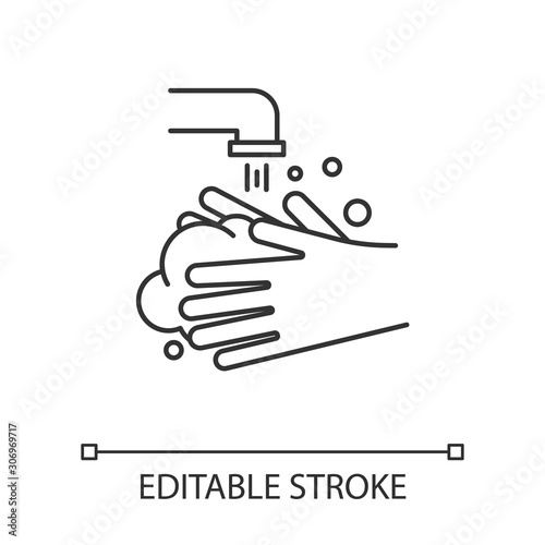 Rinse hands linear icon. Hygiene, healthcare. Common cold precaution. Germ cleansing. Washing hand. Disinfect. Thin line illustration. Contour symbol. Vector isolated outline drawing. Editable stroke