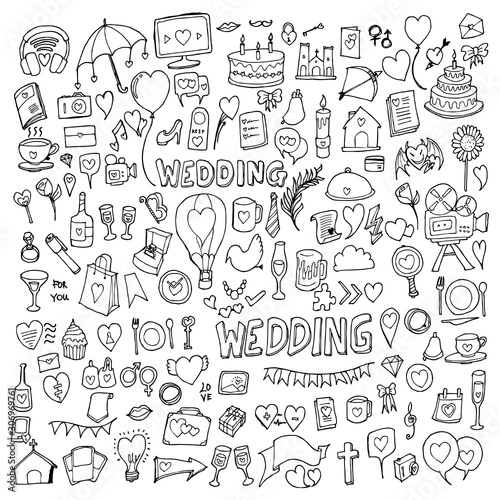 Set of wedding Drawing illustration Hand drawn doodle Sketch line vector eps10