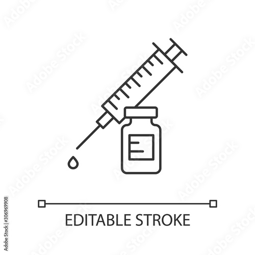 Vaccination linear icon. Syringe with vial. Common cold prevention. Immunization shot. Medication and pharmacy. Thin line illustration. Contour symbol. Vector isolated outline drawing. Editable stroke
