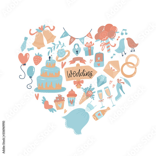 Wedding icons arranged in Heart shape. Hand drawn doodle Love Wedding Set. Engagement concept. Valentine's day print. Couple in love and romantic - dress, tart, cake, champagne with lettering