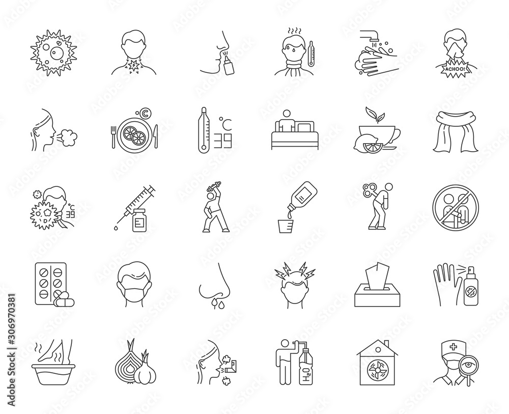 Common cold linear icons set. Influenza treatment. Disease cure, illness. Cough, sore throat. Vaccination. Headache. Thin line contour symbols. Isolated vector outline illustrations. Editable stroke Common cold linear icons set. Influenza treatment. Disease cure, illness. Cough, sore throat. Vaccination. Headache. Thin line contour symbols. Isolated vector outline illustrations. Editable stroke