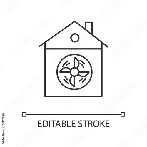 House ventilation linear icon. Conditioning home. Clean germs and microbes. Dust ventilation system. Thin line illustration. Contour symbol. Vector isolated outline drawing. Editable stroke