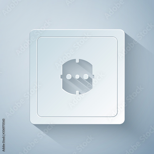Paper cut Electrical outlet icon isolated on grey background. Power socket. Rosette symbol. Paper art style. Vector Illustration