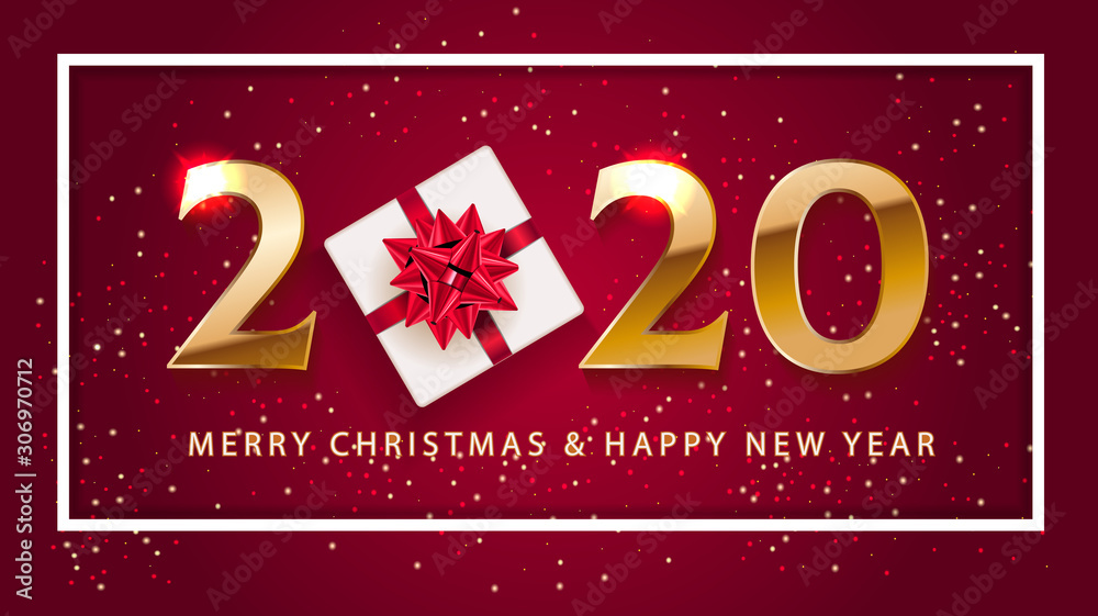 Realistic 2020 golden numbers and festive with gift and red bow, confetti, christmas fir branch and lights in red background. Vector holiday illustration Happy New 2020 Year decoration