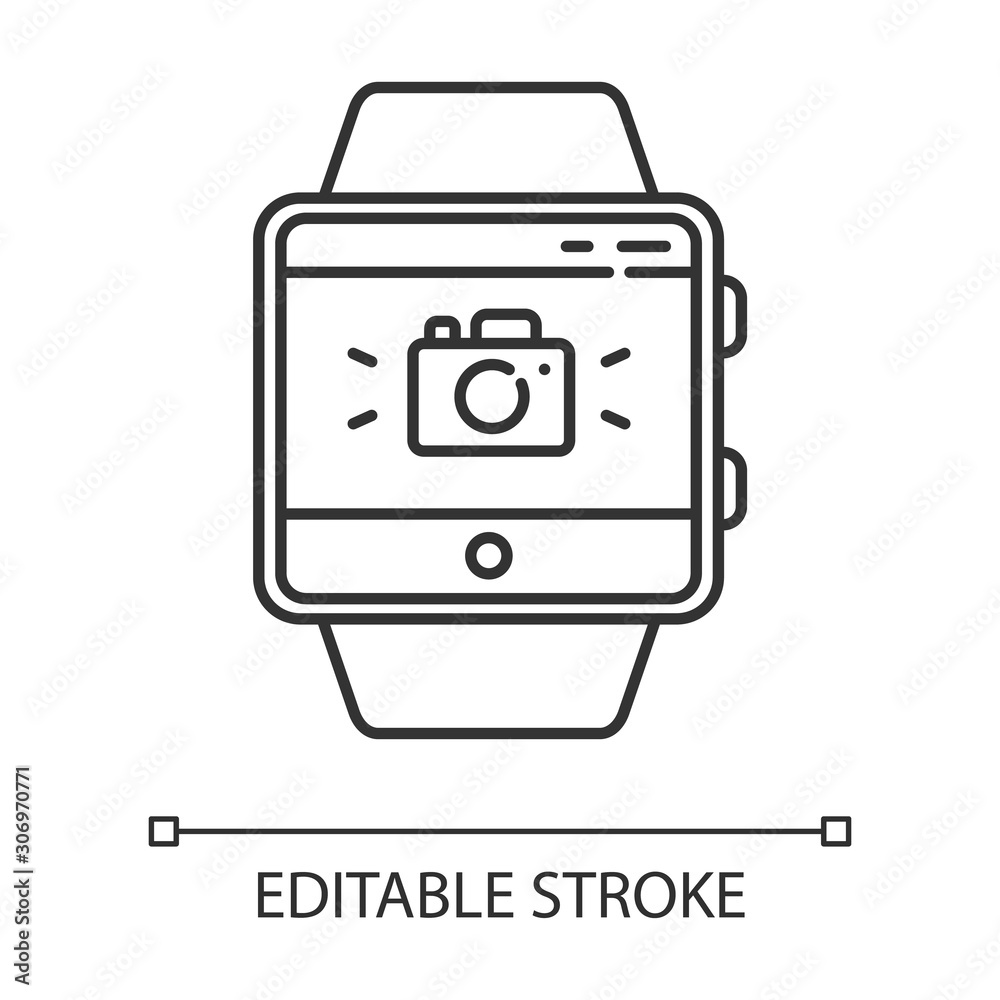 Camera fitness wristband function linear icon. Remote capture features. Synchronization with smartphone camera. Thin line illustration. Contour symbol. Vector isolated outline drawing. Editable stroke Camera fitness wristband function linear icon. Remote capture features. Synchronization with smartphone camera. Thin line illustration. Contour symbol. Vector isolated outline drawing. Editable stroke