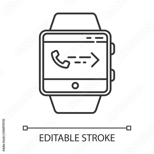 Answering calls smartwatch function linear icon. Receiving income calls. Synchronization with mobile phone. Thin line illustration. Contour symbol. Vector isolated outline drawing. Editable stroke