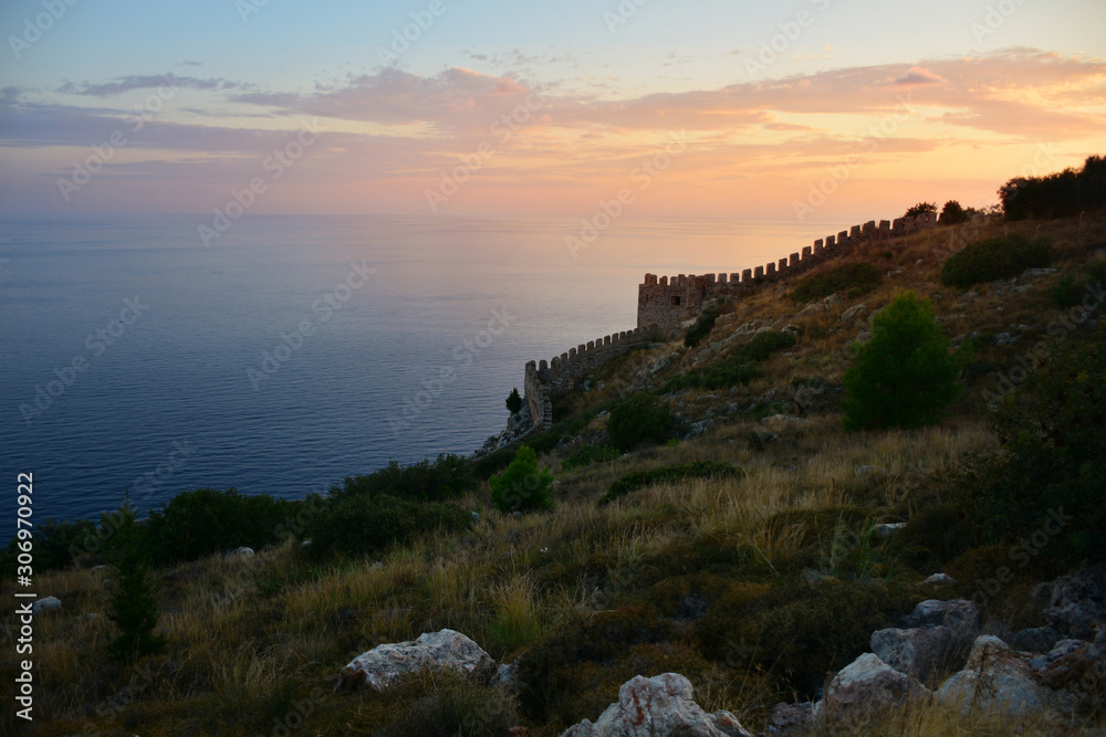 View of ancient ruins of Alanya fortress in Alanya peninsula, Turkey