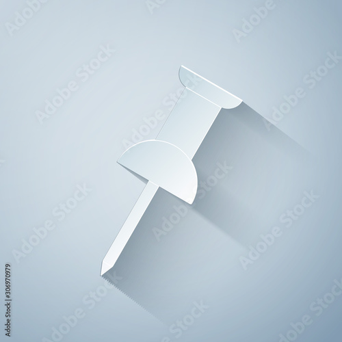 Paper cut Push pin icon isolated on grey background. Thumbtacks sign. Paper art style. Vector Illustration