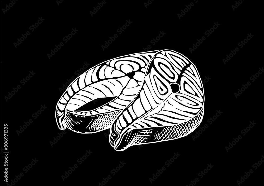 Graphical sketch of salmon isolated on black background,vector food illustration,fish Graphical sketch of salmon isolated on black background,vector food illustration,fish