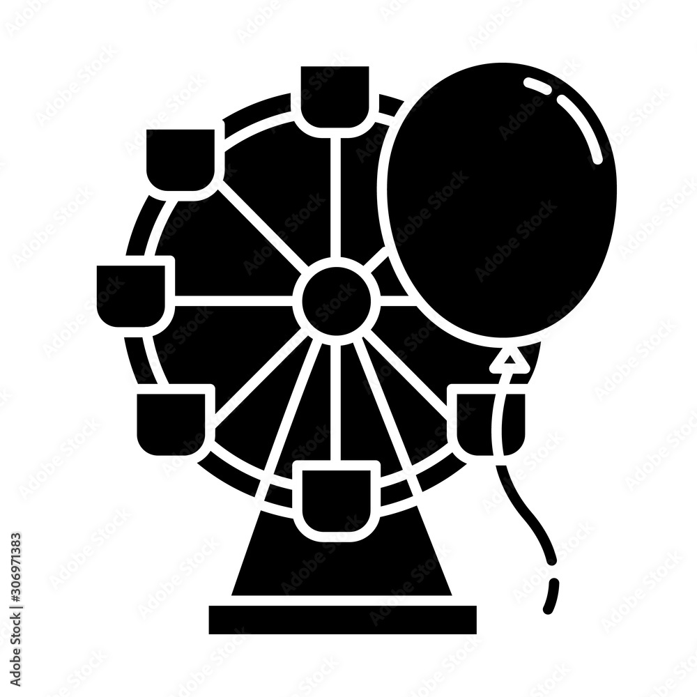 Entertainment industry glyph icon. Recreation area. Amusement park. Funfair. Leisure sector. Ferris wheel and balloon. City holiday. Silhouette symbol. Negative space. Vector isolated illustration Entertainment industry glyph icon. Recreation area. Amusement park. Funfair. Leisure sector. Ferris wheel and balloon. City holiday. Silhouette symbol. Negative space. Vector isolated illustration