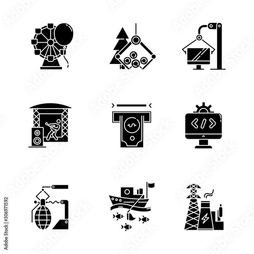 Industry types glyph icons set. Entertainment, timber, computer, music, financial services, software, arms, fishing, energy sectors. Business spheres. Silhouette symbols. Vector isolated illustration