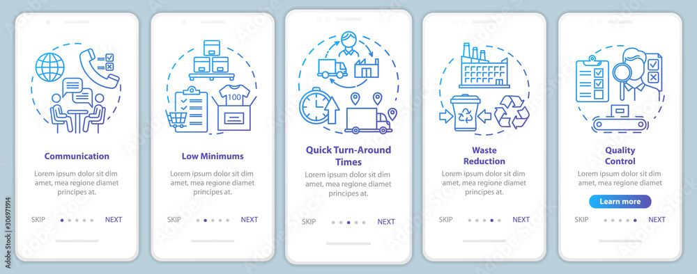 Advantages of local production onboarding mobile app page screen vector template. Communication. Walkthrough website steps with linear illustrations. UX, UI, GUI smartphone interface concept