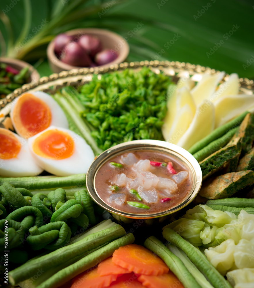 Nam prik or chili paste with boiled various vegetables,Thai food Nam prik or chili paste with boiled various vegetables,Thai food