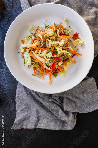 vegetable salad (Chinese cabbage, carrot, onion, lettuce, mix salad, pumpkin) menu concept. food background. top view. copy space photo