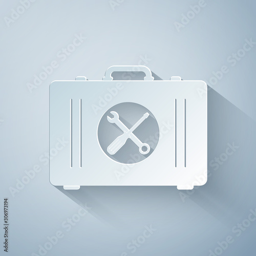 Paper cut Toolbox icon isolated on grey background. Tool box sign. Paper art style. Vector Illustration