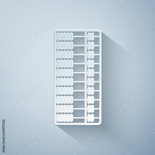 Paper cut Abacus icon isolated on grey background. Traditional counting frame. Education sign. Mathematics school. Paper art style. Vector Illustration