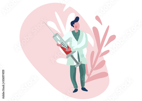 Neurologist. A doctor doing brain research. Brain illustration. Health care and prevention. Flat vector illustration.