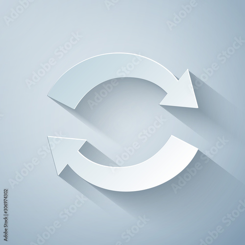 Paper cut Refresh icon isolated on grey background. Reload symbol. Rotation arrows in a circle sign. Paper art style. Vector Illustration