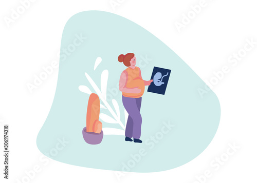 Prenatal care. Pregnant woman doing ultrasound in a hospital. Holding ultrasound record of her baby. Flat vector illustration.