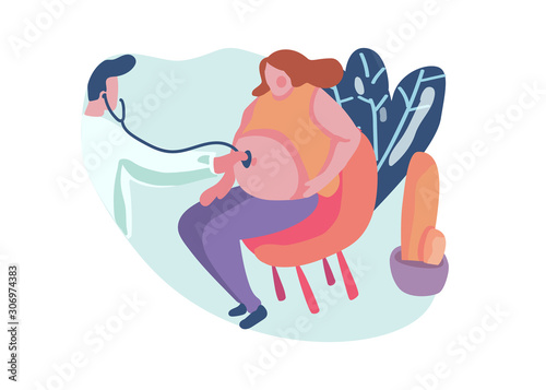 Prenatal care. Pregnant woman doing ultrasound in a hospital. Flat vector illustration.