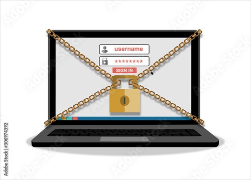 laptop computer are bound with chains and locked with a padlock. concept of security center. flat illustration concept for web banners, web and mobile app, web sites, infographics.