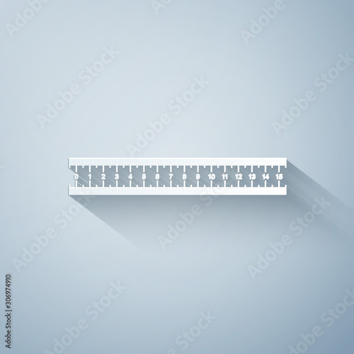 Paper cut Ruler icon isolated on grey background. Straightedge symbol. Paper art style. Vector Illustration