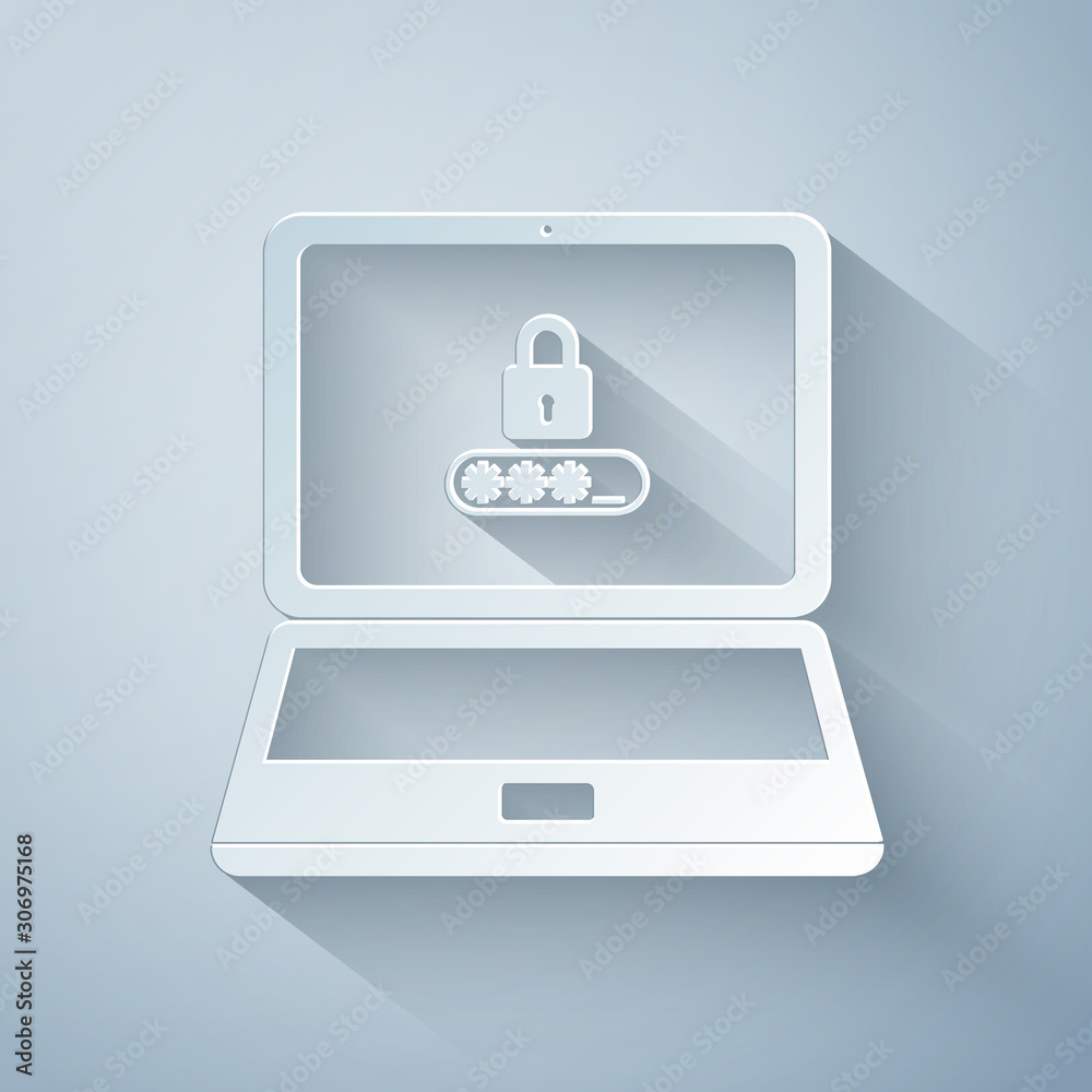 Paper cut Laptop with password notification and lock icon isolated on grey background. Concept of security, personal access, user authorization, login form. Paper art style. Vector Illustration Paper cut Laptop with password notification and lock icon isolated on grey background. Concept of security, personal access, user authorization, login form. Paper art style. Vector Illustration