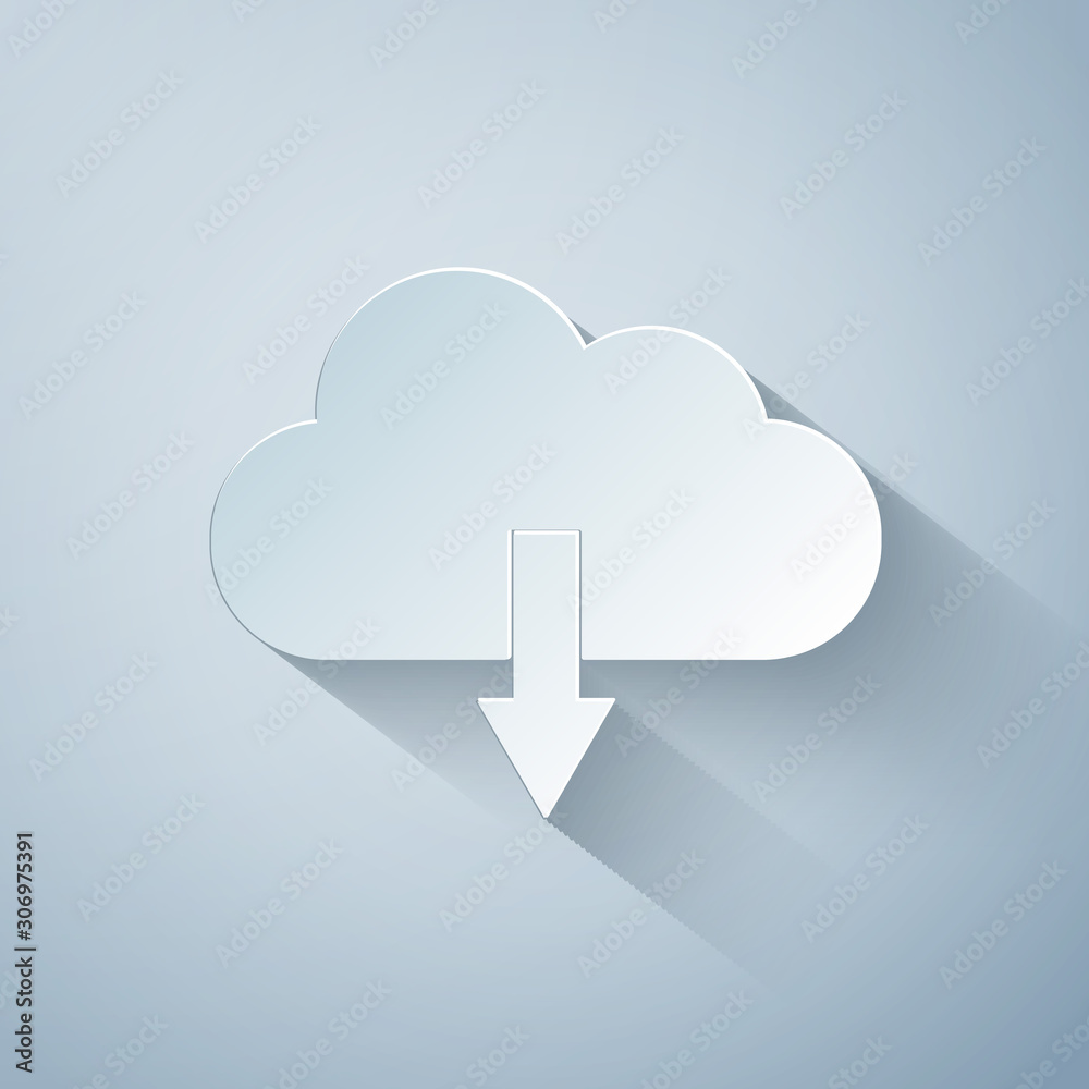 Paper cut Cloud download icon isolated on grey background. Paper art style. Vector Illustration Paper cut Cloud download icon isolated on grey background. Paper art style. Vector Illustration